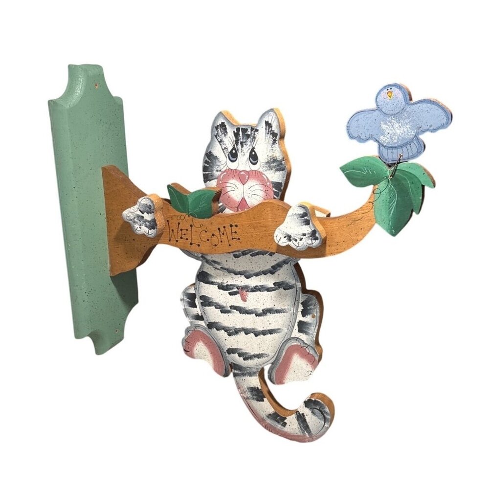 Wooden Cat Welcome Sign Tree Limb Bird Tole Paint Vintage 18" So Cute